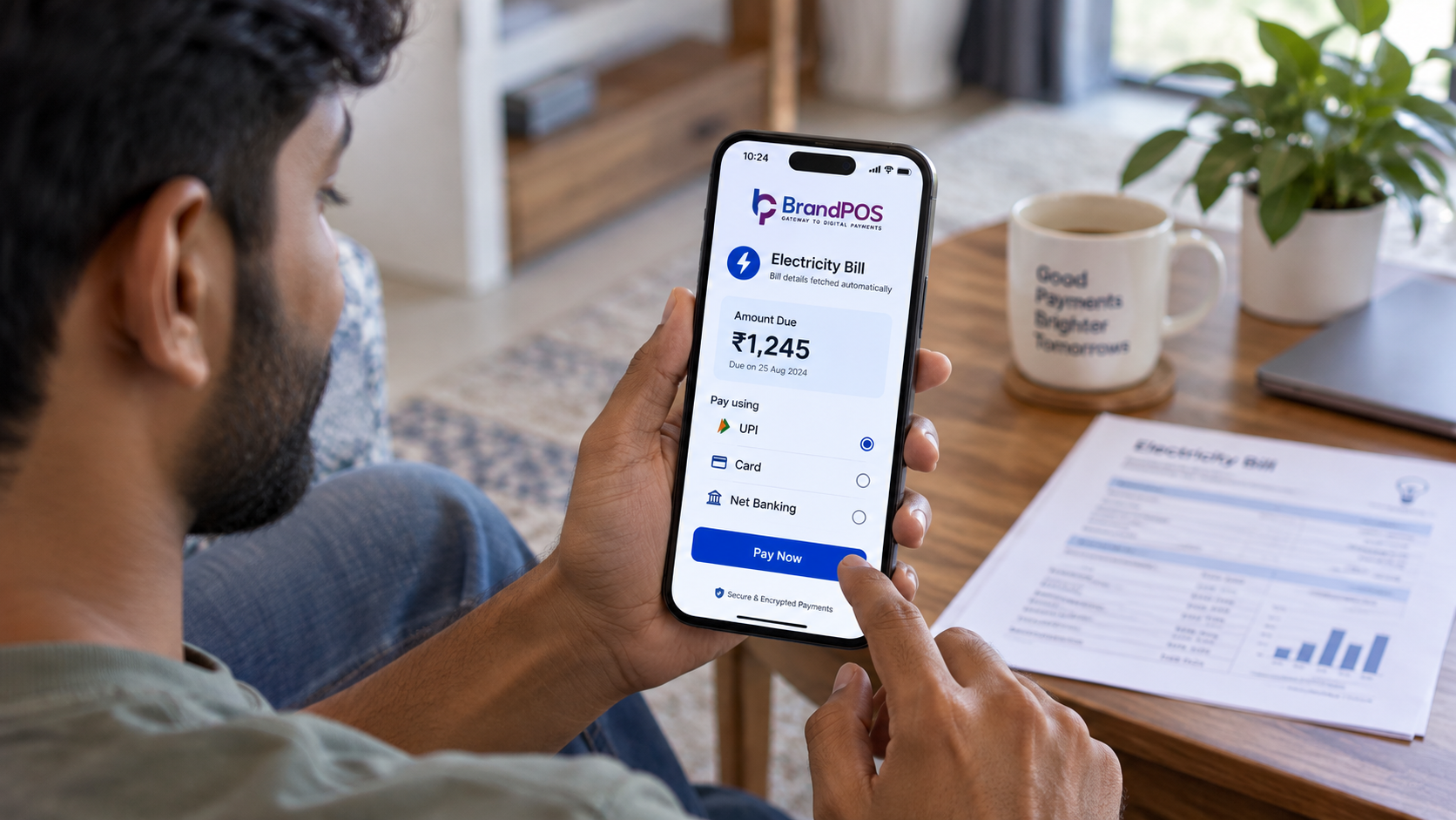 Smartphone displaying a pre-filled electricity bill ready for digital payment